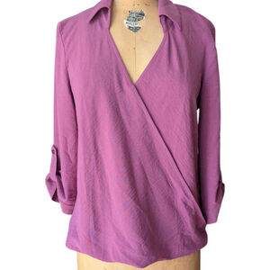 Fortune & Ivy Mauve 3/4 Roll Tab Sleeve Collared Surplice Blouse Size Medium‎